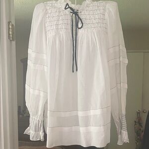 Anthropologie White and Black Textured Blouse mock neck sheer